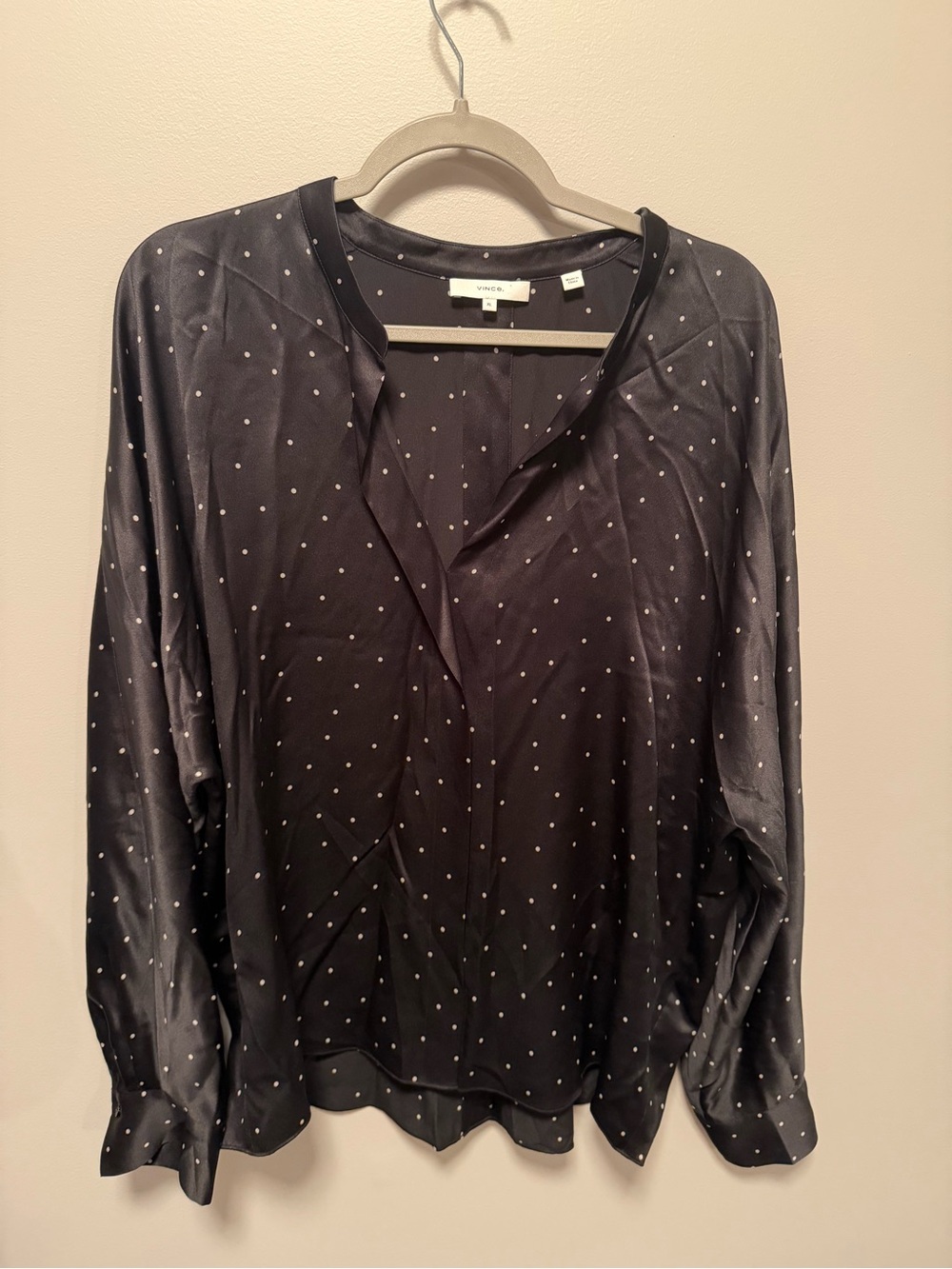 Vince Black Satin Polka Dot V-Neck Blouse